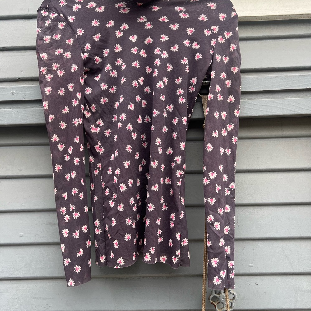 Ganni Dark Gray Top with Pink Floral Design